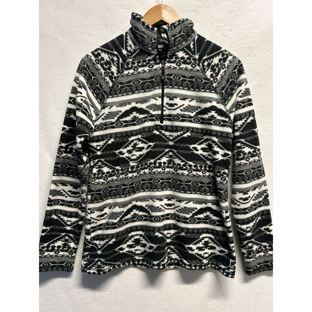 Eddie Bauer Women Black White Aztec Print Fleece 1/4 Zip Pullover EUC Small